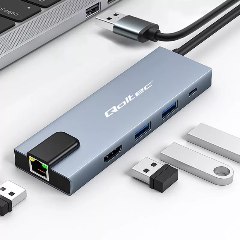 USB-C Hub QOLTEC 53795 5‑in‑1 su 100W PD, 2×USB-A, HDMI 4K, RJ45