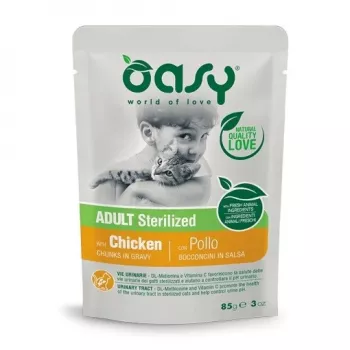 Oasy gabaliukai padaže suaugusioms sterilizuotoms katėms su vištiena 85g