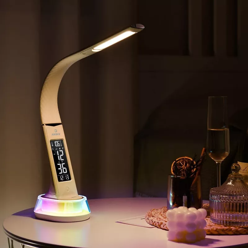 Stalinė LED lempa Hawk HW-LAMP05 balta, reguliuojama, su laikrodžiu ir RGB apšvietimu