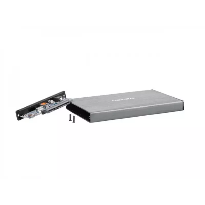 Išorinis HDD/SSD dėklas NATEC Rhino GO — 2,5 colio SATA, 9,5 mm, USB 3.0, aliuminis, pilkas, iki 4 TB