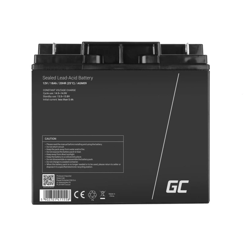 Akumuliatorius švino-rūgštinis VRLA Green Cell AGM09 12 V 18000 mAh, juodas