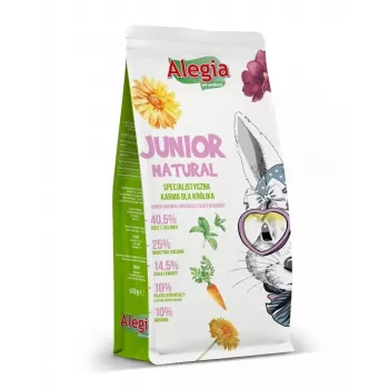 Granuliuotas pašaras triušiams Alegia Junior Natural 650 g – pilnavertis ėdalas jauniems triušiams, be grūdų, be glitimo, be sojos