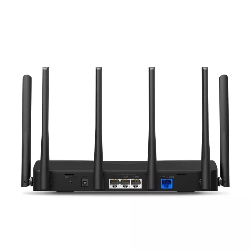 Stalinis maršrutizatorius MERCUSYS MR47BE — trijų juostų Wi‑Fi 7 (2.4/5/6 GHz), 9300 Mbps, 3× RJ‑45, 2.5GbE, 6 išorinių antenų