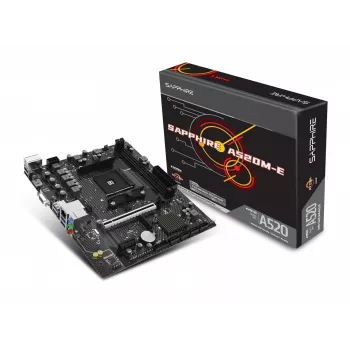 Micro ATX pagrindinė plokštė Sapphire A520M-E lizdui AM4, AMD A520 mikroschemų rinkinys, 2x DDR4 DIMM, iki 64 GB, PCIe 3.0 x16/x1, SATA III, Gigabit LAN
