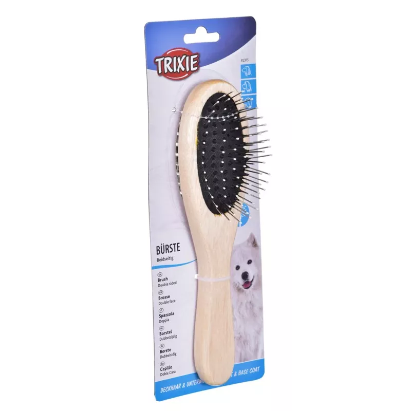 Šunų šepetys Trixie 2315 Wood medinė rankena, dvipusis nailono šereliai, 225×55 mm