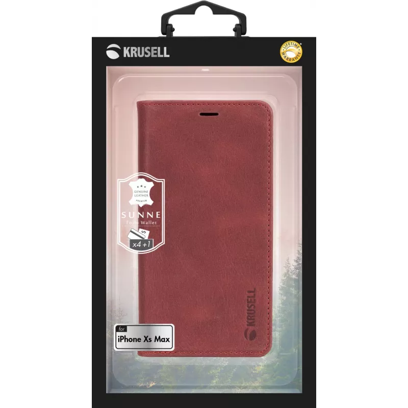 Krusell Sunne 4 Card FolioWallet dėklas iPhone XS Max – raudona natūrali oda