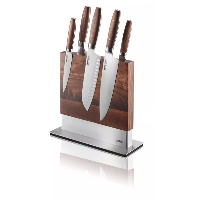 Magnetinis peilių laikiklis GEFU 13958 Guard – nerūdijantis plienas ir riešutmedis, 90×250×256 mm