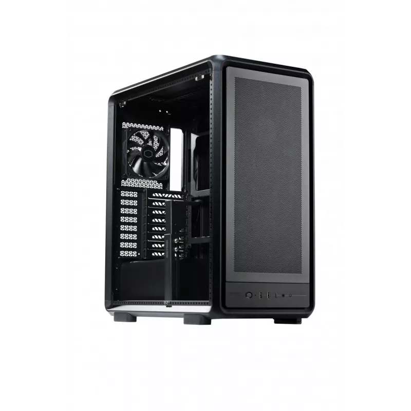 PC korpusas Cooler Master MasterFrame 500 Mesh – juodas su permatomu šonu, ATX/EATX, 2x200 mm priekyje, 1x120 mm gale