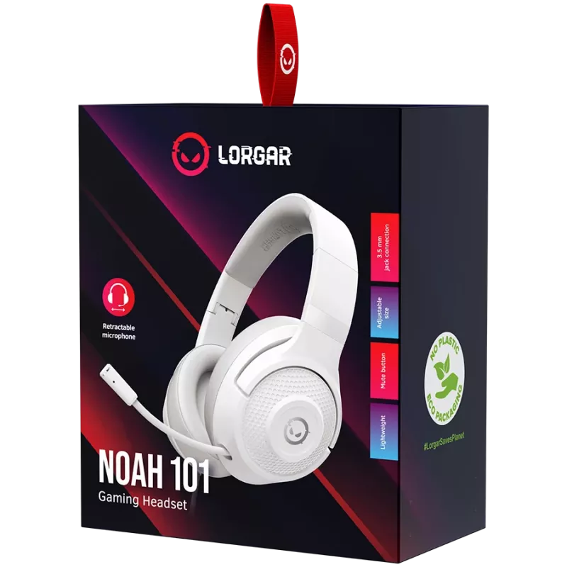 LORGAR Noah 101, žaidimų ausinės su mikrofonu, 3.5mm lizdas, 2m laidas, sulankstomos, PU odos pagalvėlės, balta