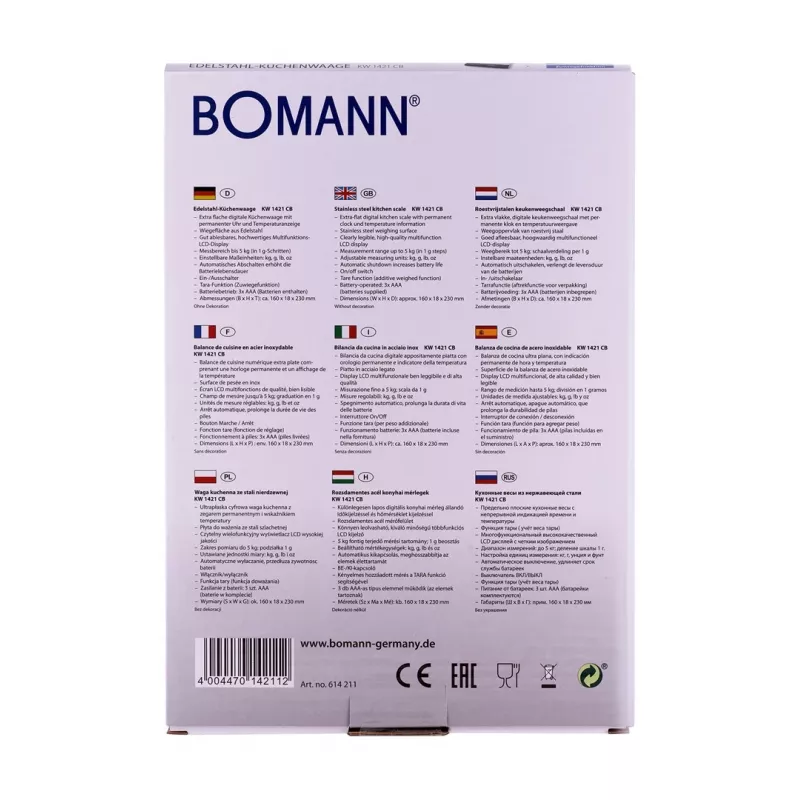 Bomann KW 1421 CB virtuvinės svarstyklės su LCD ekranu, juodos nerūdijančio plieno