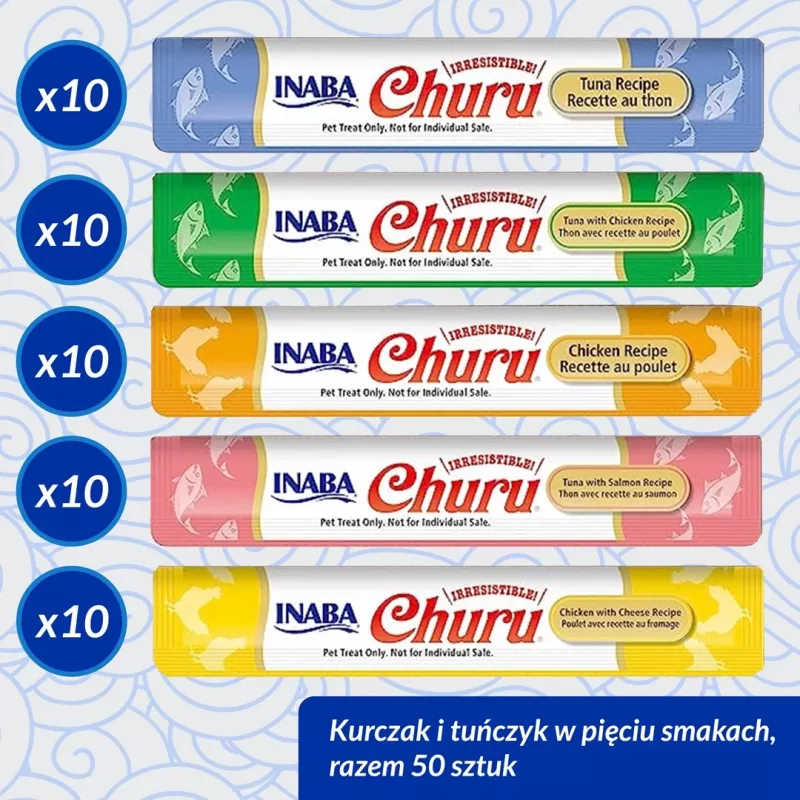 Šlapi skanėstai katėms INABA Churu įvairūs – Vištiena ir Tunas, 50 x 14 g pastos tūbelės, be grūdų, be glitimo ir be cukraus