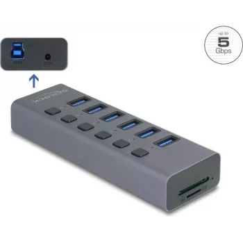 USB 3.0 išorinis 6 prievadų centras DELOCK 64237 su atskirais jungikliais ir SD/MicroSD kortelių lizdu