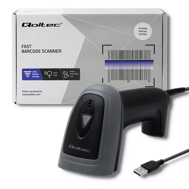 Nešiojamas brūkšninių kodų skaitytuvas QOLTEC 50863 – 1D/2D, USB, LED, juodas, 5V, 1,8 m laidas