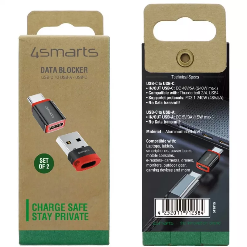 USB adapteris 4smarts 541615 — USB Type-A (šeimininkas) į USB Type-C (išėjimas), juodas, tiesus kištukas-lizdas, 2 vnt. pakuotė