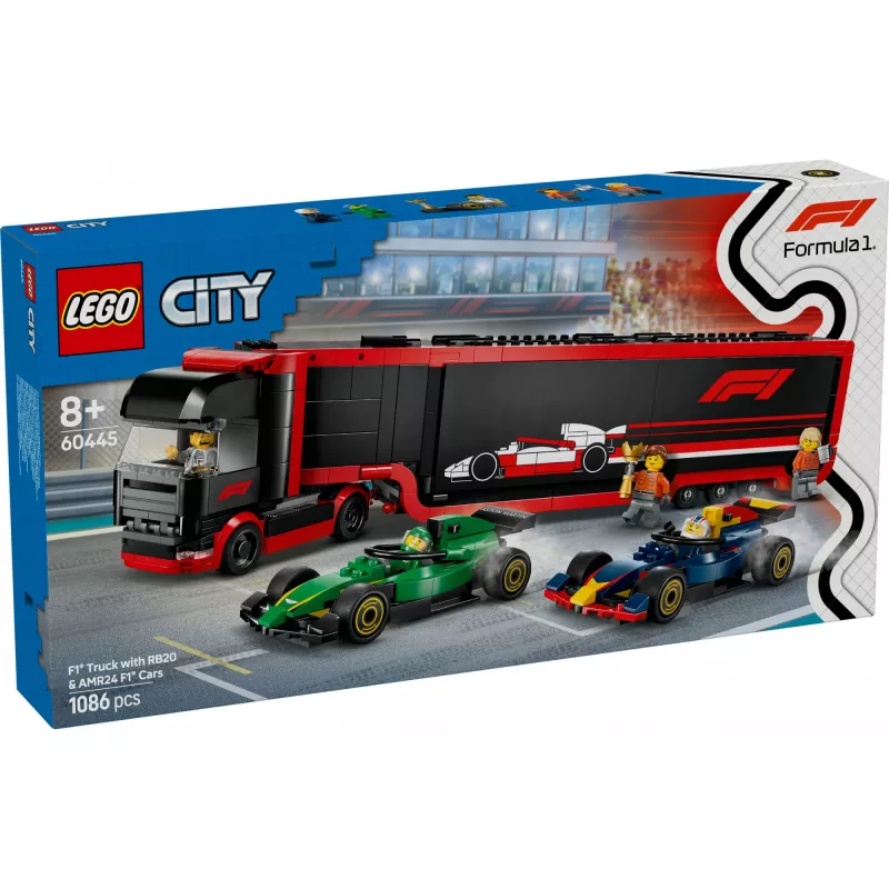 LEGO CITY 60445 F1 sunkvežimis su RB20 ir AMR24 F1 automobiliais