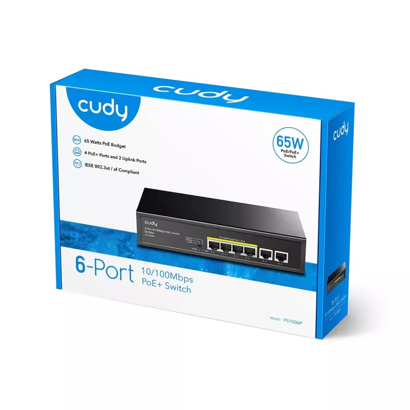 Tinklo jungiklis Cudy FS1006P Fast Ethernet 6 prievadų (4 PoE, 1 PoE+) 10/100 Mbps, 1,2 Gbit/s pralaidumas, metalinis korpusas, montavimas ant stovo/sienos