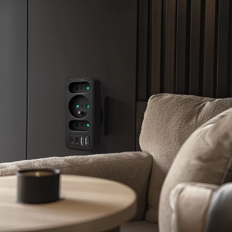Maitinimo skirstytuvas MACLEAN MCE248 F/B – 3 AC lizdai (1x16A, 2x6A) ir 4 USB prievadai (2xUSB‑A, 2xUSB‑C PD 20W), EU kištukas, juodas