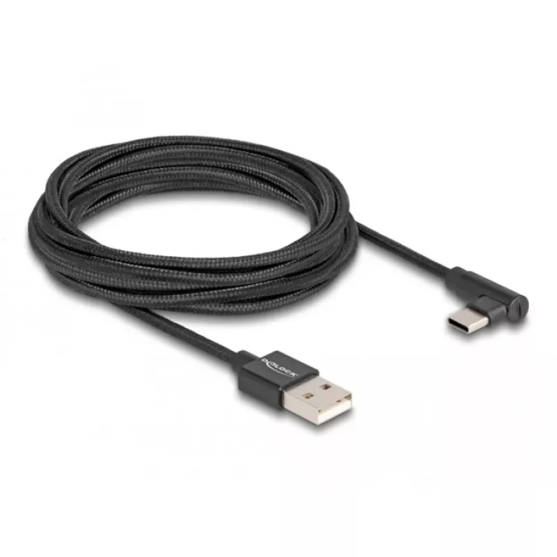 DeLOCK USB 2.0 kabelis, USB-A (vyriškas) į USB-C (vyriškas, kampuotas), 3 m, juodas