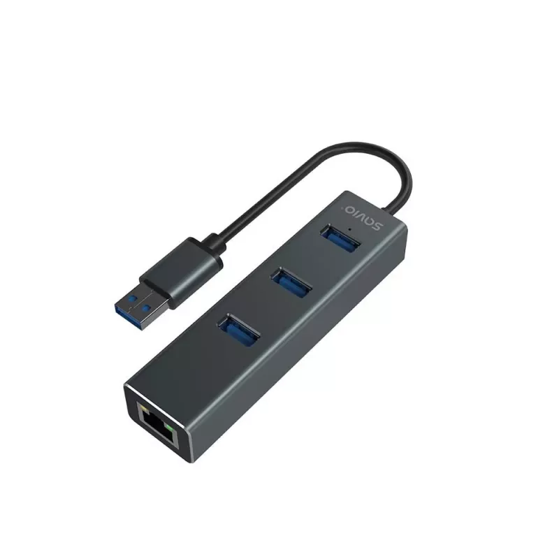SAVIO USB-A stotelė su RJ-45 Gigabit Ethernet AK-57 — 3× USB-A + RJ-45, USB 3.2 Gen 1 Micro‑B pagrindinis, 5 Gbit/s, 4 prievadai, pilka