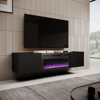 TV spintelė Cama Meble ONDA su elektriniu židiniu 1805×400×580 mm, juoda, medžio drožlių plokštės viršus (stovinti arba montuojama ant sienos)