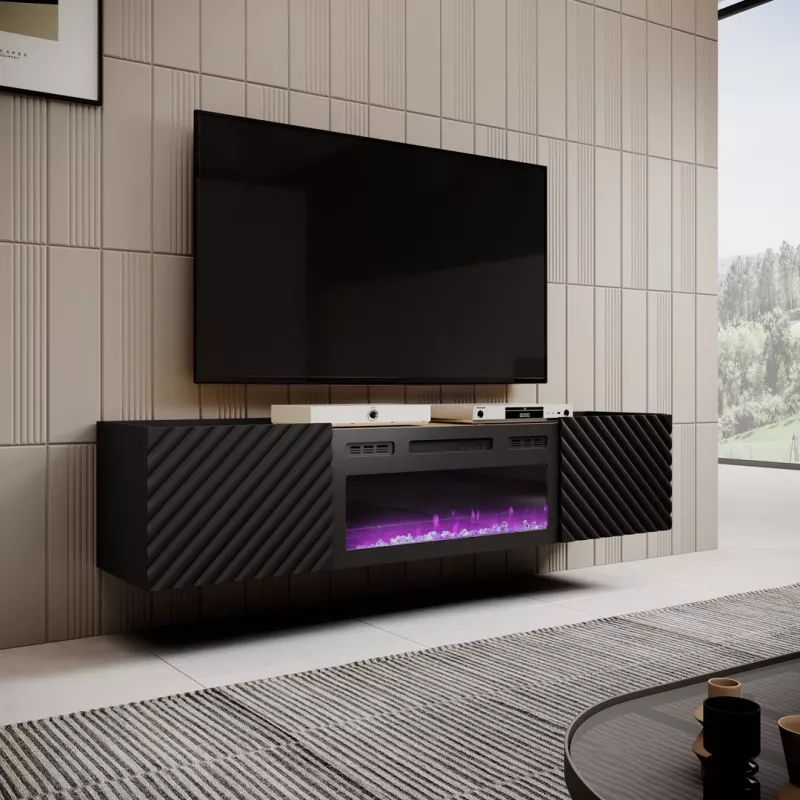 TV spintelė Cama Meble ONDA su elektriniu židiniu 1805×400×580 mm, juoda, medžio drožlių plokštės viršus (stovinti arba montuojama ant sienos)