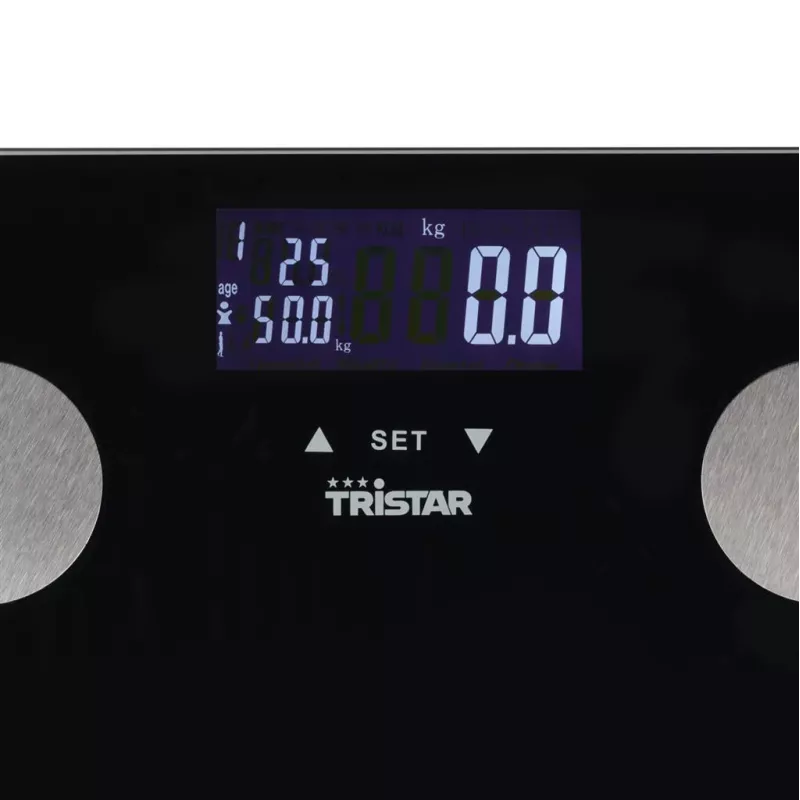 Svarstyklės Tristar WG-2442 – skaitmeninės vonios svarstyklės, 150 kg, 100 g tikslumas, KMI, juodos