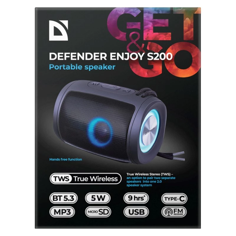 Nešiojamas Bluetooth garsiakalbis DEFENDER Ejoy S200 TWS 2.0, 5W, Bluetooth 5.3, LED, 10 h baterija, įmontuotas mikrofonas