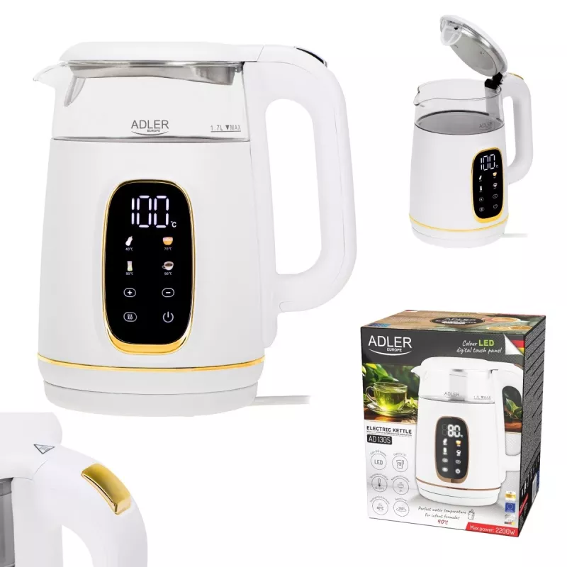 Elektrinis virdulys Adler AD 1305WG – 1,7 l, 2200 W, stiklas/plastikas, baltas/auksinis/permatomas