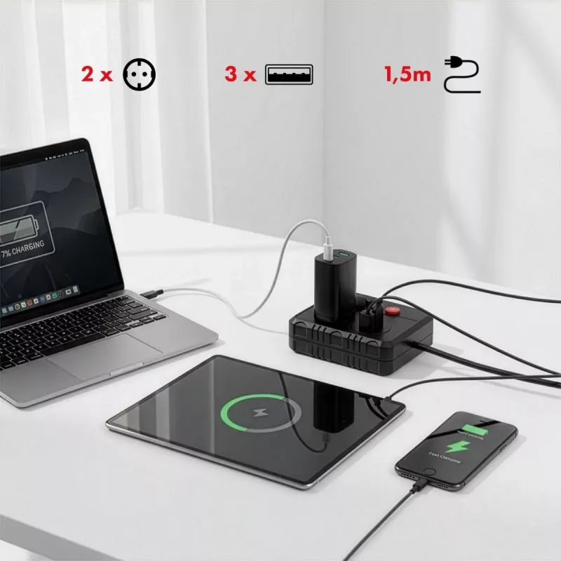 Maclean MCE387 B ilgintuvas su 2 kištukiniais lizdais ir 3 USB A prievadais, 1,5 m laidas, 2500 W