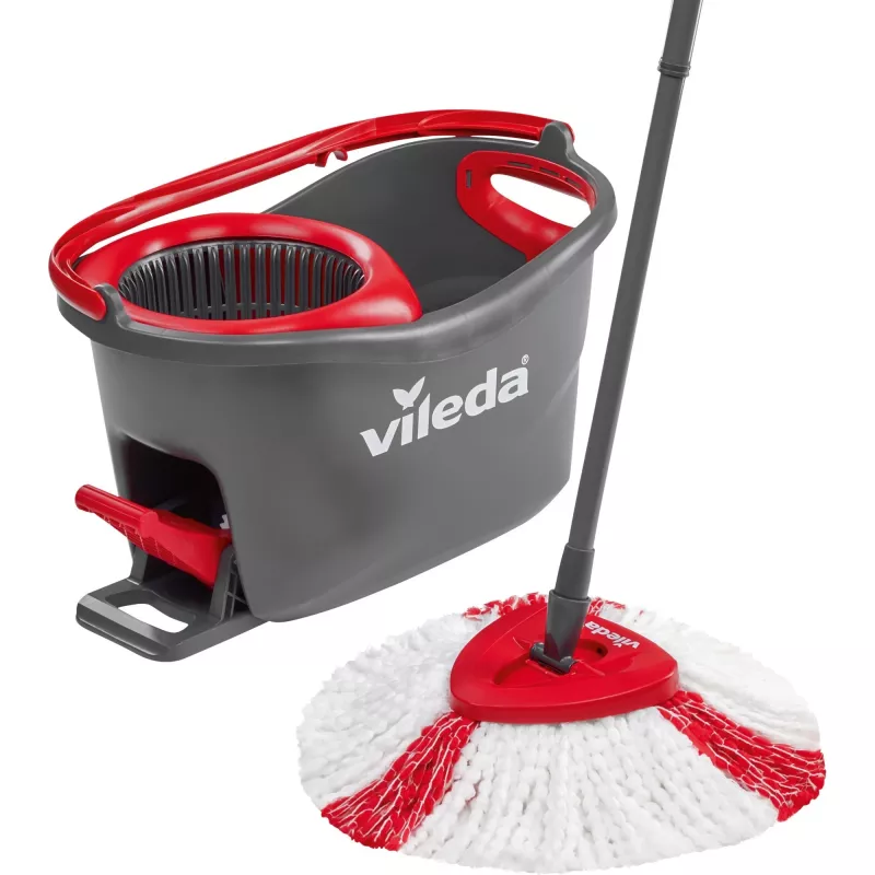 Vileda EasyWring & Clean Turbo šluota su kibiru, raudonas technopolimerinis kibiras, nuimama skalbiama mikropluošto galvutė, kietoms grindims