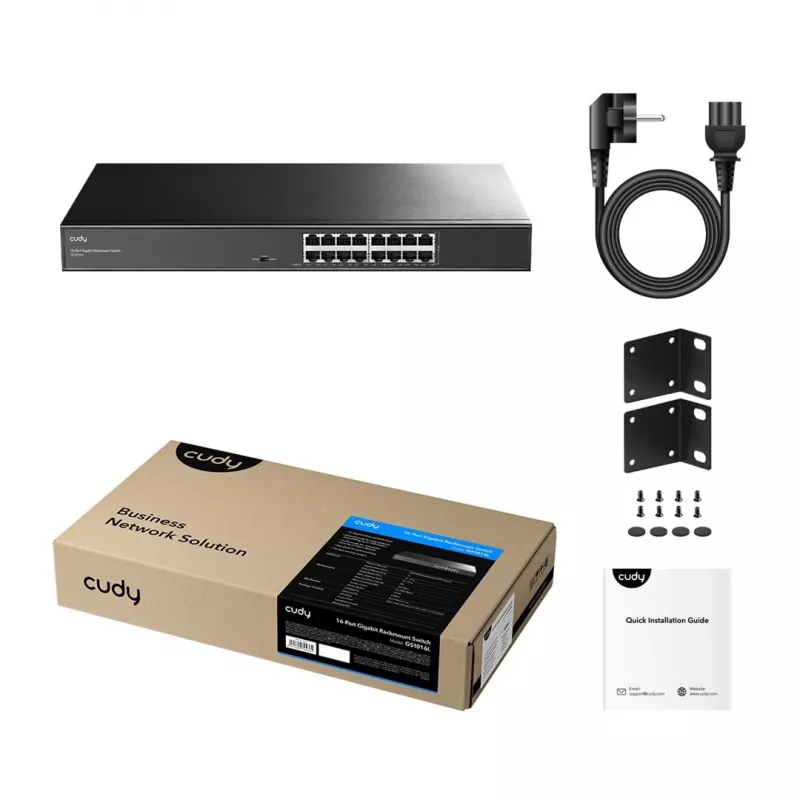 Cudy GS1016L tinklo jungiklis – 16 prievadų Gigabit Ethernet (10/100/1000), 32 Gbit/s perjungimas, montuojamas stelaže
