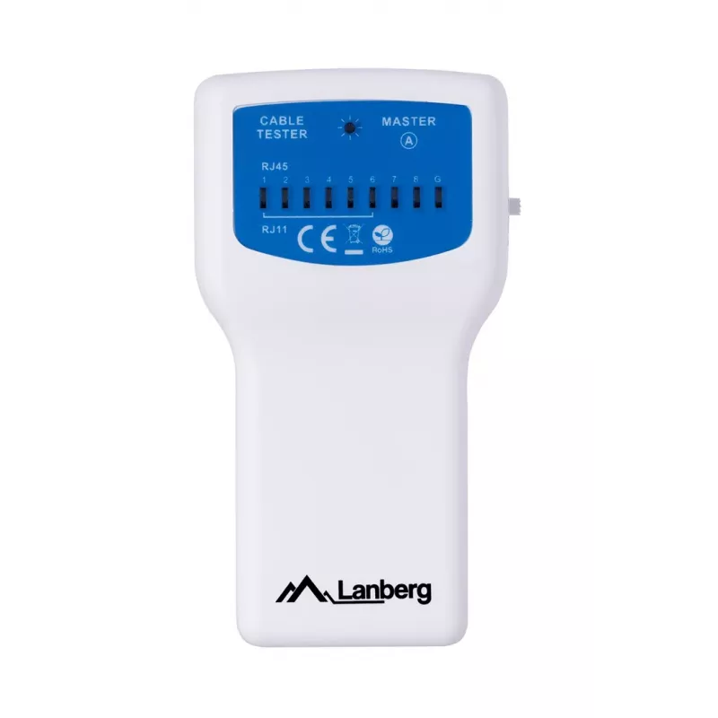 PoE kabelių testeris LANBERG NT-0402 – tinklo kabelių tikrintuvas su RJ-45/RJ-11, LED indikatoriais
