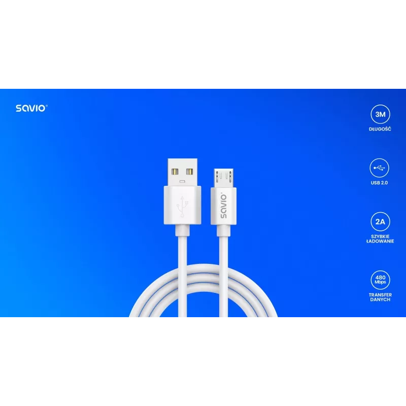 Savio USB 2.0 USB A - Micro USB balta CL-167 3 m laidas
