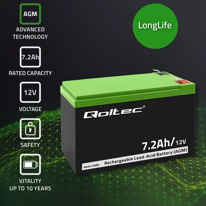 Qoltec 53062 AGM baterija | 12V | 7,2 Ah | max 108A