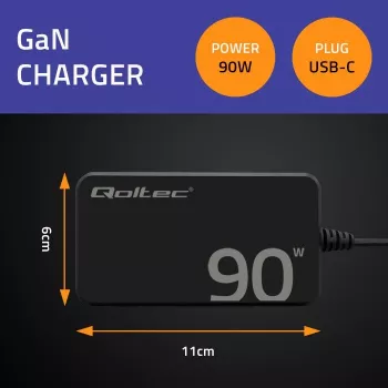 Qoltec 90W GaN Super Fast SLIM sieninis įkroviklis | XP | 5-20V | 4,5A | USB-C 3.1 | Nešiojamam kompiuteriui | MacBook | Išmaniajam telefonui | + laidas