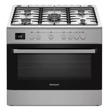 Laisvai pastatoma viryklė Ravanson KWGE-K90A Cheff Modern — 90 cm, dujinė 5 degiklių kaitlentė su 3000 W wok degikliu, elektrinė orkaitė 110 L, sidabrinė