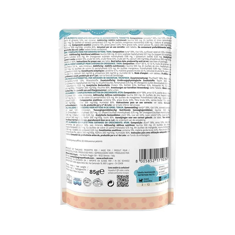 SCHESIR Tunas drebučiuose – šlapias ėdalas kačiukams – 85g