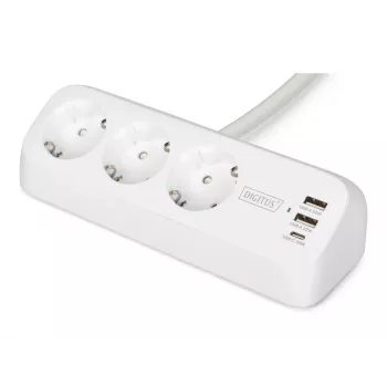 DIGITUS 3 krypčių ilgintuvas su 2×USB-A ir 1×USB-C, 3 kištukiniai lizdai E/F, 1,5 m laidas, baltas