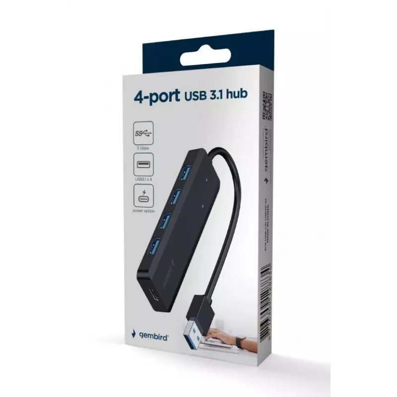 USB šakotuvas Gembird 4 prievadų USB 3.1 (Gen 1) — 4 prievadai, USB 3.2 Gen 1 Type-A, 5V/2,1A, 109×30×10 mm, juodas