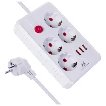 Ilgintuvas MACLEAN MCE392 W – 4 kištukiniai lizdai, 3×USB-A, 110–240V, 2.1A, 2500W, 1,5 m laidas, baltas