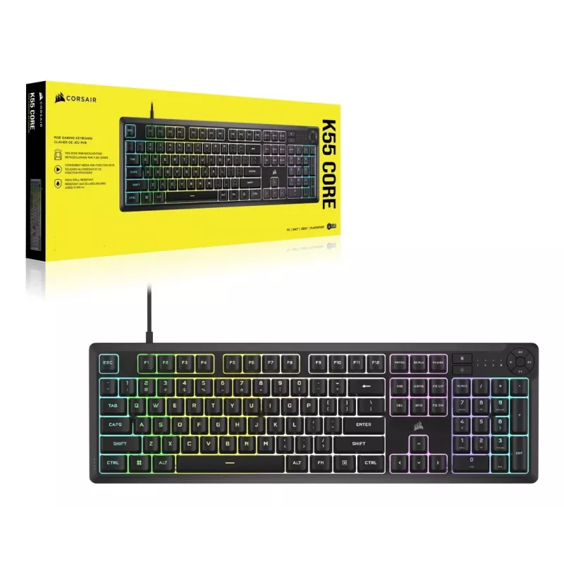 Corsair K55 CORE RGB klaviatūra žaidimams USB QWERTZ vokiška juoda