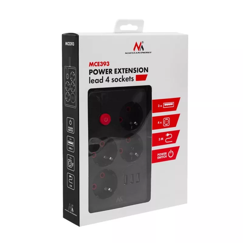 Ilgintuvas MACLEAN MCE393 B – 4 kištukiniai lizdai, 3×USB, 110–240V, 2500W, 3 m laidas, juodas