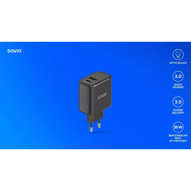 SAVIO LA-06/B USB-C 30W Power Delivery 1xUSB-C juodas