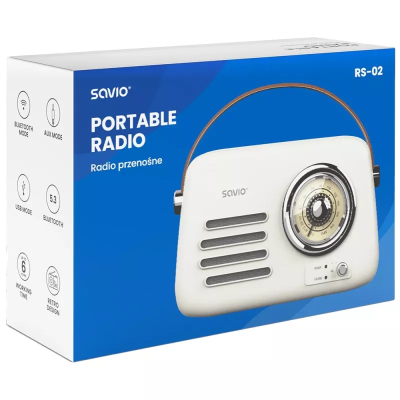 Nešiojamas radijo imtuvas SAVIO RS-02 – analoginis FM imtuvas, Bluetooth 5.3, USB maitinimas, 3 W, baltas