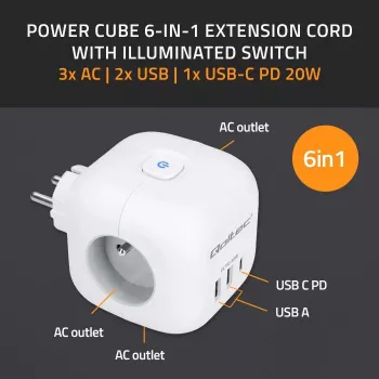 QOLTEC 52548 ilginimo lizdas su 3×AC kištukiniais lizdais ir USB prievadu