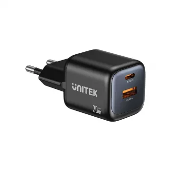 Sieninis įkroviklis Unitek P1128ABK01-EU — 2 prievadų GaN USB‑C ir USB‑A, 20 W, juodas