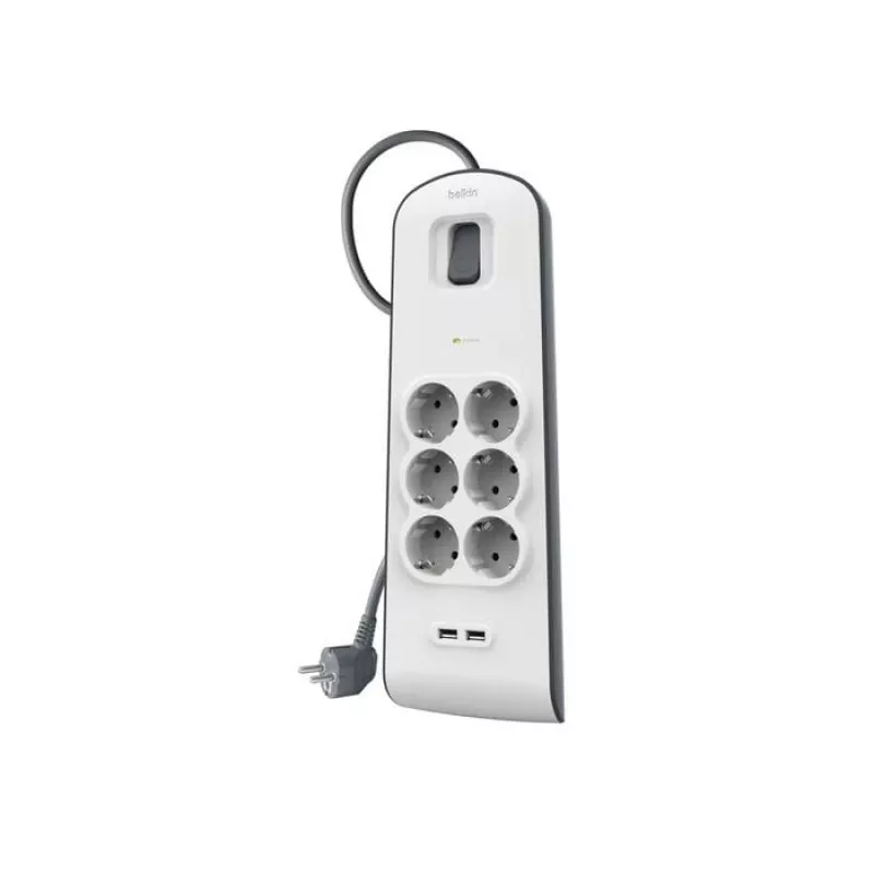 Maitinimo juosta Belkin BSV604VF2M-V2 — 6 kištukinių lizdų, 2× USB-A, 2 m laidas