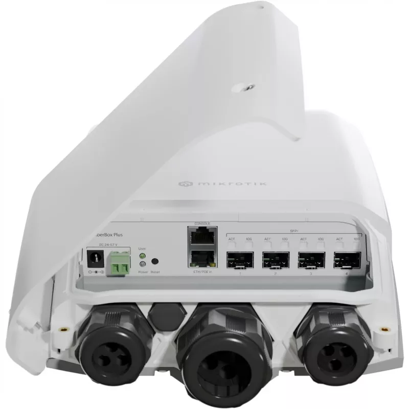 Valdomas jungiklis / maršrutizatorius „MikroTik FiberBox Plus“ (CRS305-1G-4S+OUT) – 4×10G SFP+, 1×Gigabit Ethernet, IP66, PoE-in