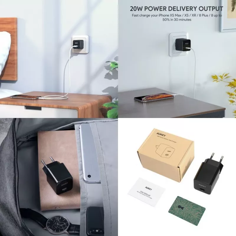 Mini tinklo įkroviklis AUKEY PA-Y20S Baltas 1xUSB-C 20W PD Power Delivery