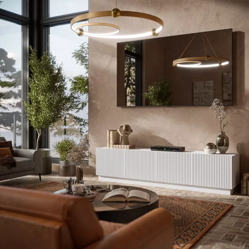 TV spintelė Cama Meble LIVERTI 2000x420x480 mm, balta, medžio drožlių plokštės viršus